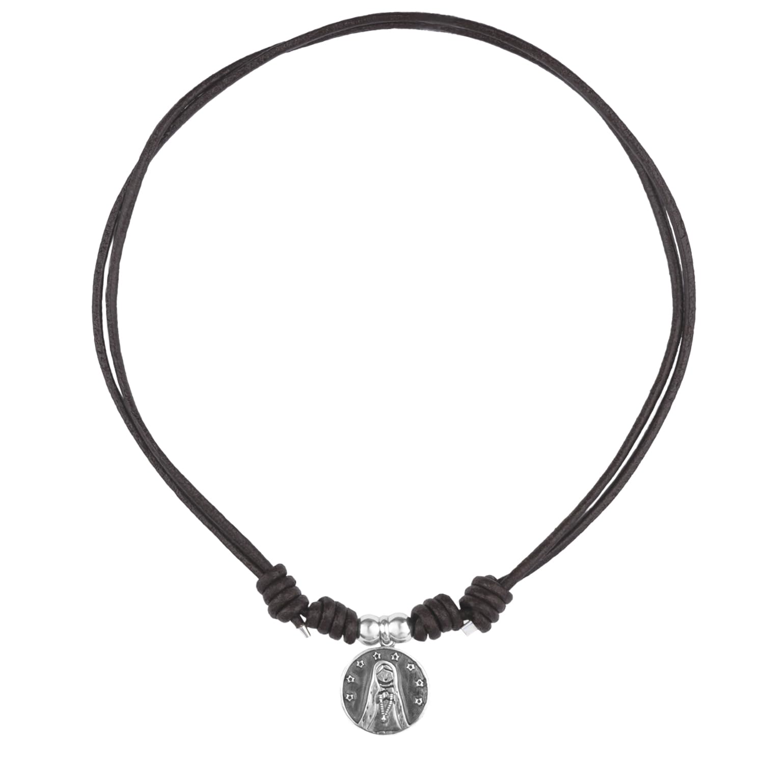 Collar religioso Medalla Virgen niña - Detalle para Eventos - Cordón de Cuero marrón Ajustable - Plata de Ley