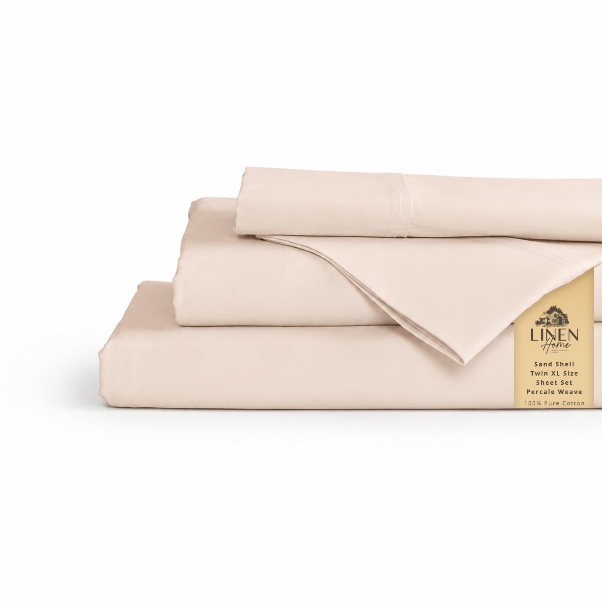 Linen Home 100% Cotton Percale Sheets Twin XL Size, Sand Shell, Deep Pocket, 3 Pieces Set- 1 Flat, 1 Fitted and 1 Pillowcase, Crisp Cool and Long Staple Strong Bed Linen