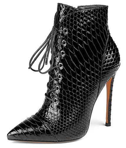Sammitop Women's Pointed Toe Lace Up Ankle Boots,Animal Print Short Booties Black US7