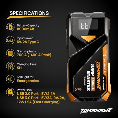Image of TOMAHAWK JUM-5635 8000mAh Fast-Charging Jump Starter PowerBank | 700A (1400 A Peak) | LED Flashlight with SOS & Strobe | Type-C Quick Recharge | 12 Month Replacement Guarantee