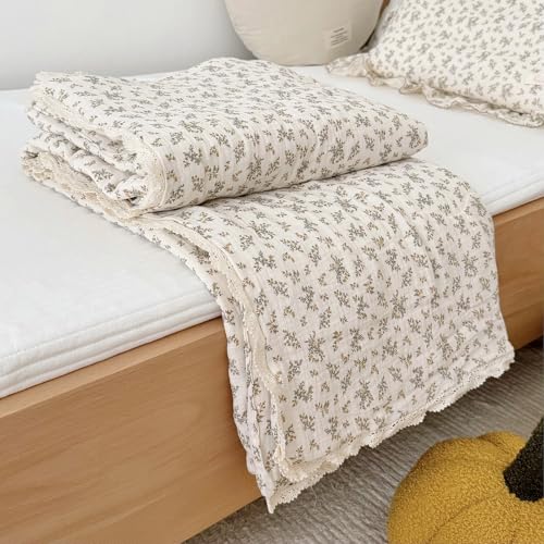 Image of BuLuTu Muslin Kids Quilt Soft Breathable Toddler Girls Boys Twin Bed Comforter, Vintage Floral Quilted Blankets with Lace Edges, Osmanthus Print, 60x78 Inches, Machine Wash