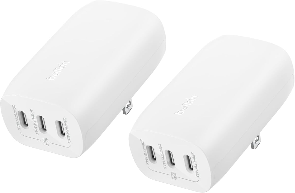 Belkin Bloque de cargador USB C de 67 W y 3 puertos, paquete de 2, carga rápida PPS | Carga súper rápida, Samsung Galaxy S25, iPhone 17, Air, Pro, Pro Max, AirPods, Apple Watch, Switch 2