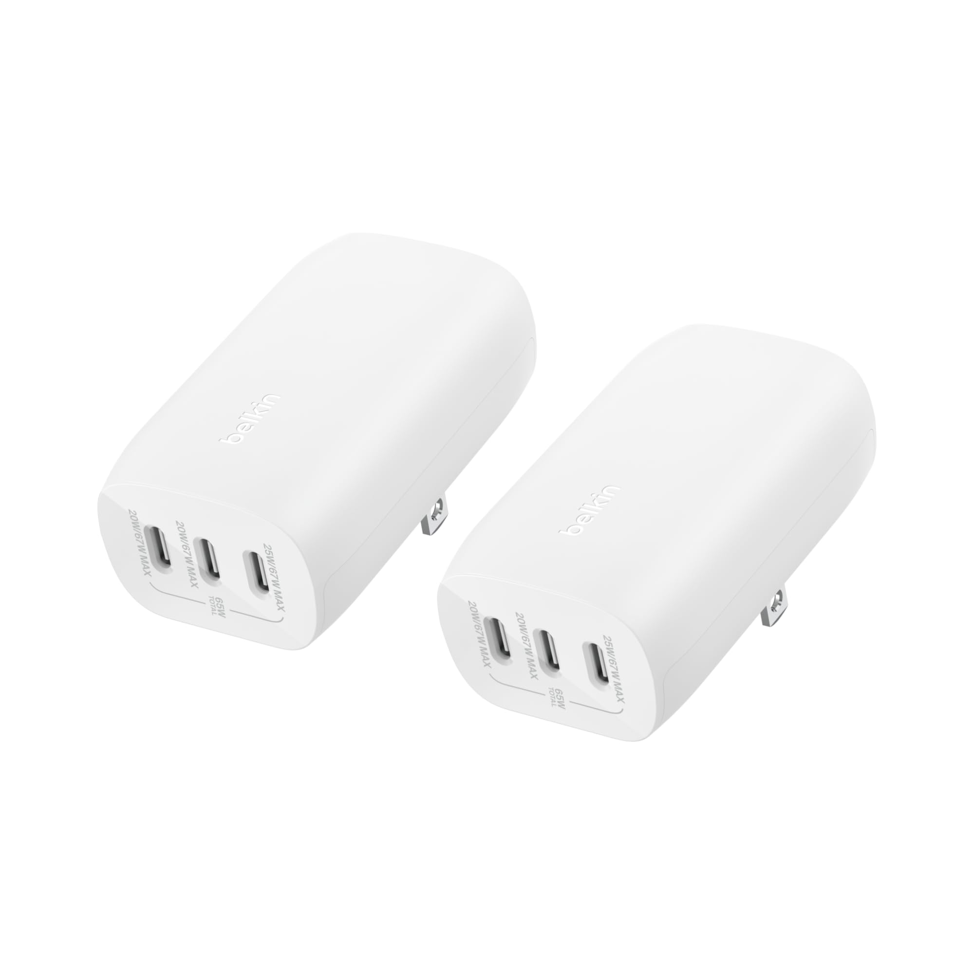 Belkin 3-Port USB C Charger Block 67W - PPS USB-C PD3.1 PPS Super Fast Charging - Samsung Galaxy S26, Apple iPhone 17, Air, Pro, MacBook, AirPods, Apple Watch, Nintendo Switch 2 & More - White, 2-Pack