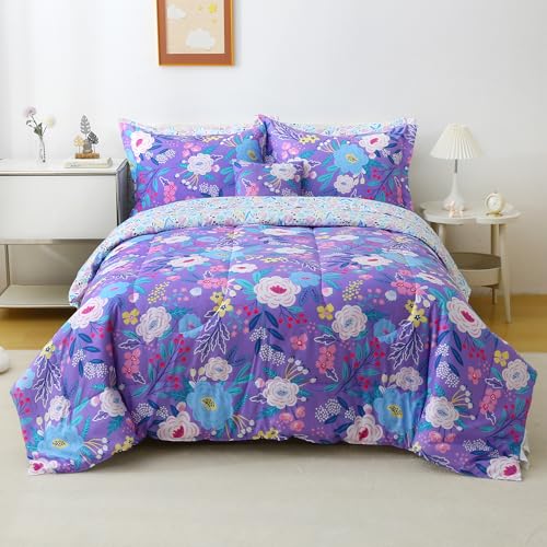 Mooreeke Kids Full Comforter Sets for Girls 8 Pieces Purple Floral Bedding Set for Teens Microfiber Flowers Kids Bed in A Bag with Comforter, Sheet Set, Shams and Decorative Toy Pillow All Season