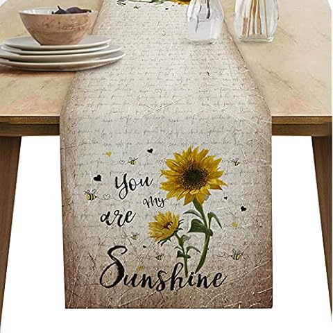 Farmhouse Table Runner, Sunflower Bee Retro Background Table Cloth Natural Polyester Dresser Runner for Kitchen Home Holiday Party Decor, 13x70In Cover