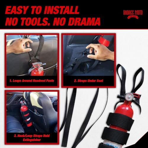 Badass Moto Car Fire Extinguisher Mount - Automotive Fire Extinguisher Mount for Vehicle Car Seat Headrest - Tool Free Seat Back Strap Install. Ideal Safety Kit Accessories for Jeep, Auto,Truck & SUV