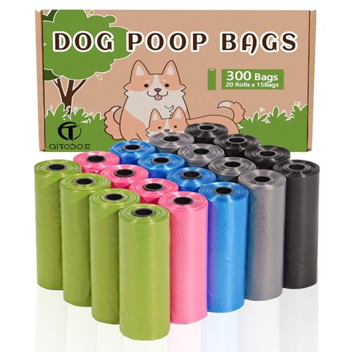 AiTodos® 300 pezzi Sacchetti Cane Cacca, 5 Colori, Sacchetti Cane-31x22 cm, Materiale in Polietilene, Portatili-Nero, Blu, Verde, Grigio, Rosa (20 Rotoli, 15 per Rotolo)