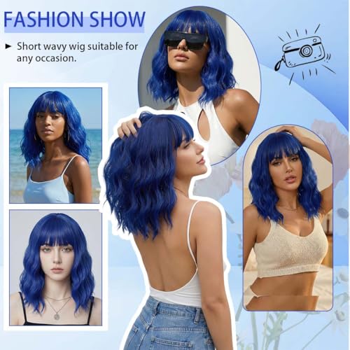 Image of Pastel Blue Wavy Bob Wig for Women, Short Shoulder Length Synthetic Wig with Bangs, Natural Looking Lightweight Hairpiece for Daily Wear & Cosplay Costume Party