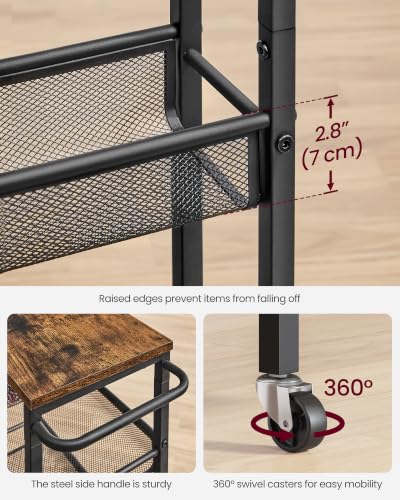 Image of VASAGLE 6-Tier Slim Rolling Storage Cart, Narrow Kitchen Cart with Wheels, Utility Organizer, 17.9 x 8.7 x 51.7 Inch, for Bathroom Pantry, Rustic Brown and Matte Black, Dacey Collection ULRC039K101