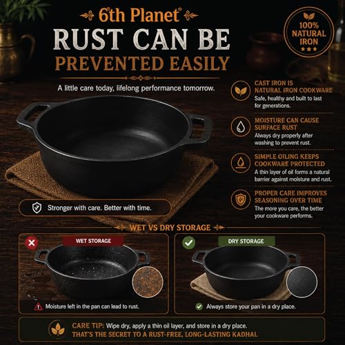 Image of Cast Iron Kadhai 26 cm Pre-Seasoned | Flat Base Iron Kadai for Deep Frying, Sabzi & Curries | Heavy Cast Iron Cookware