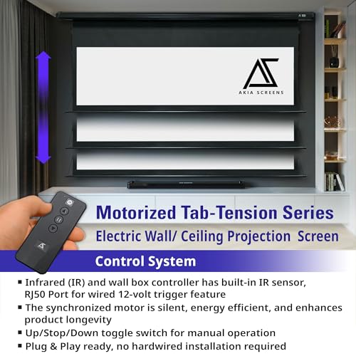 Image of Akia Screens 105 inch Motorized Tab Tension Projector Screen, 16:9 Retractable Projection Screen, UST, Short & Standard Throw Compatible, 4K Indoor Home Theater Screen, Black Case, AK-ELT105H