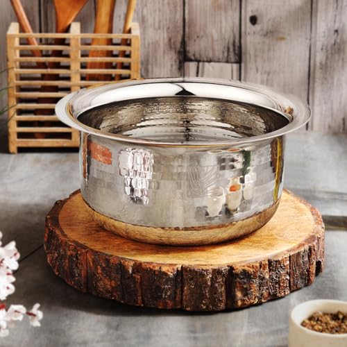Image of Earthy Fables Hammered Stainless Steel Tope /Patila /Bhogona for Milk, Boiling - 1.25kg, Heaviest in Class, Better Nutrition, Heat Distribution, Uses Less Oil, Stove & Induction Bottom, 20cm, 3.25L