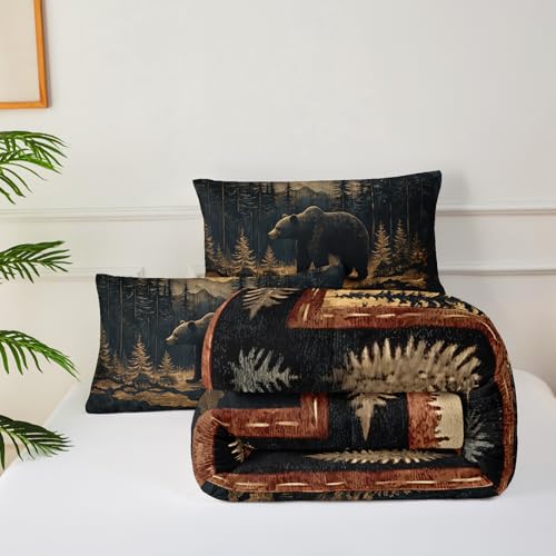 Image of Black Bear Comforter Set King Size for Kids Boys,Rustic Comforter Set,Cabin Woodland Forest Animals Hunting Bedding Set,Soft Microfiber Wildlife Quilt Set