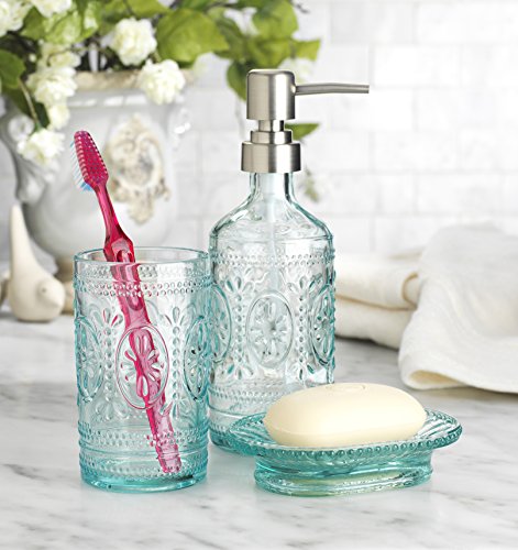 HC Classic Set of 3 Glass Bathroom ~Toothbrush Holder ~ Soap Holder ~ Soap Pump Lotion Dispenser (Blue)