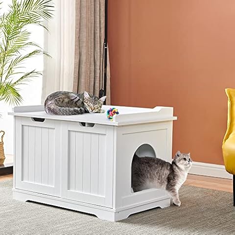 White Cat Litter Box Enclosure, Wooden Hide Hut for Dog Cat, Cat Litter Box Toilet, Large Pet Hideout Sanctuary, Puppy Condo Indoor Sleeping Nesting, Kitten Shelter Shade Hide House Dog Kennel Cover