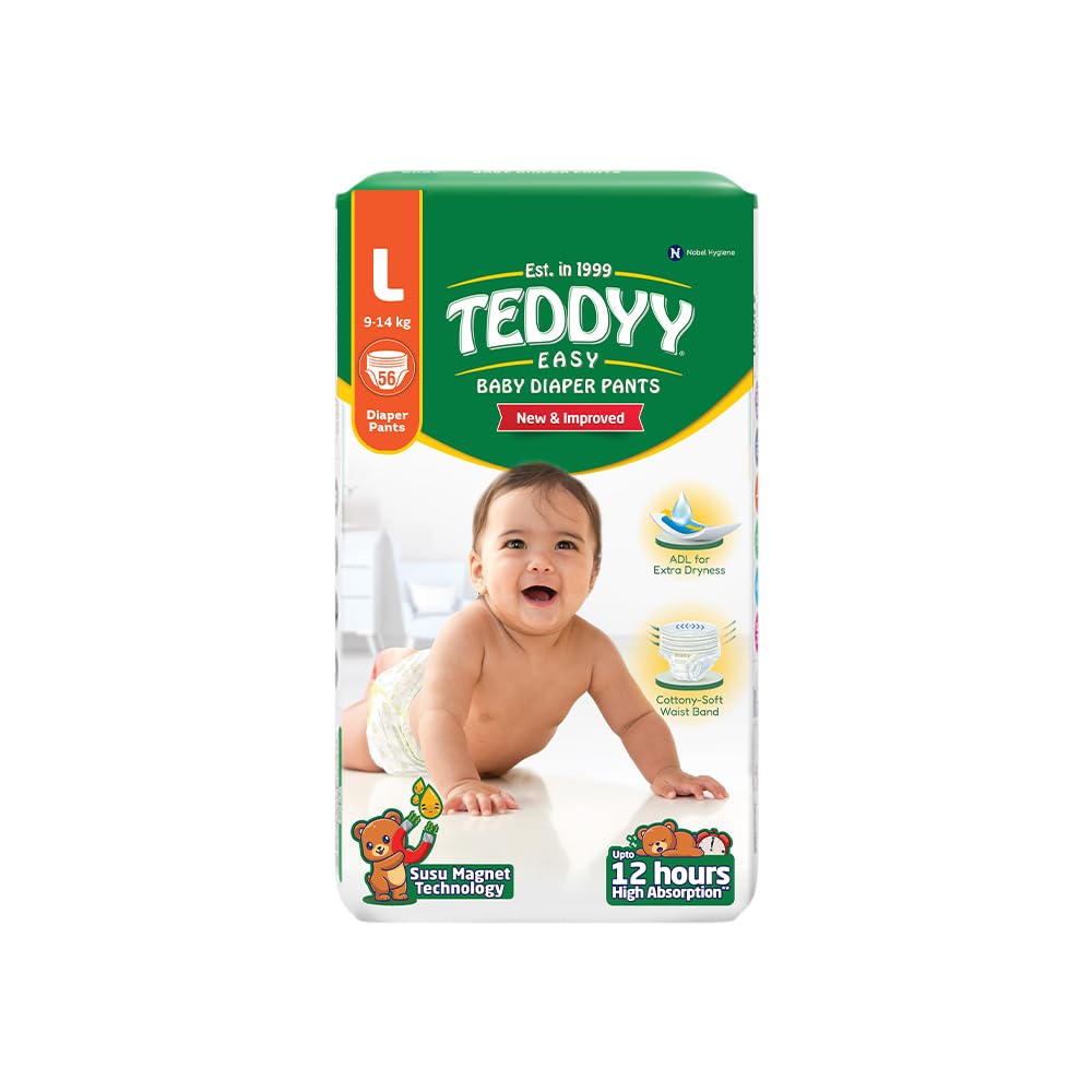 TEDDYY Baby Diapers Pants Easy Large 56 Count (Pack of 1), 9-14 kgs, 12 hrs Leak Protection, Anti - Bacterial