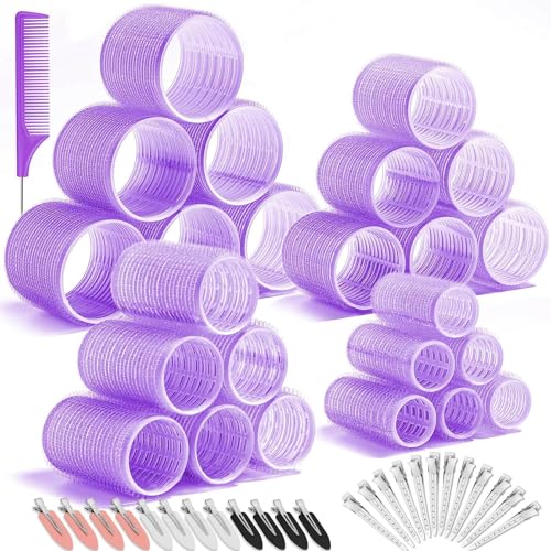JZK 49 en 1 Extra grandes y pequeños rulos de velcro para el pelo largo/corto y flequillo, rizador pelo sin calor rolos cabello, hair rollers, rulos para rizar pelo con pinzas para volumen