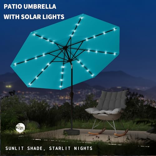Image of 9FT Patio Umbrella with Solar Lights,Outdoor Market Umbrella with Tilt and Crank, LED Lighted Table Umbrella for Garden,Deck,Backyard,Pool,Beach (Light Blue)