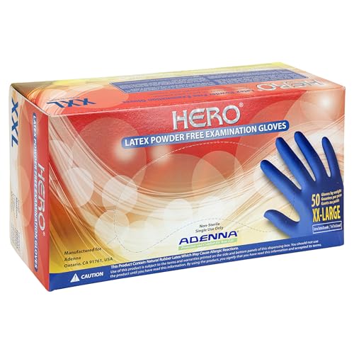 Adenna HERO Disposable Latex Gloves - 14 Mil NFPA-Approved Heavy Duty Glove with 12 Extended Cuff & Micro-Textured Grip Exam Grade Powder Free Pack of 50 2X-Large Blue