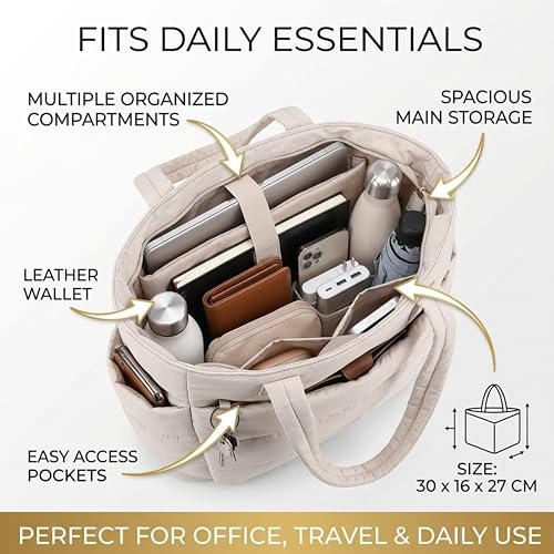 Image of Quilted Puffy Tote Bag for Women | Large Capacity | Soft Nylon Padded Design | Lightweight & Spacious | Ideal for Work, Travel, Shopping (Biege)