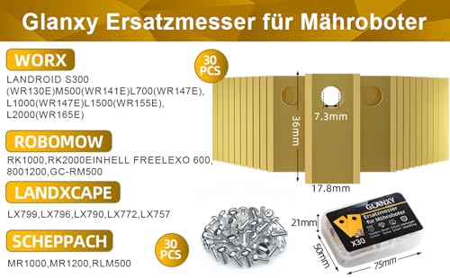 GLANXY 30 Stück Premium Ersatzmesser Klingen für Mähroboter Klingen Ersatzklingen titan Klingenmesser Rasenmähermesser kompatibel mit Worx, LandXcape, Zoef Robot, Einhell Rasenmäher Automower Messer