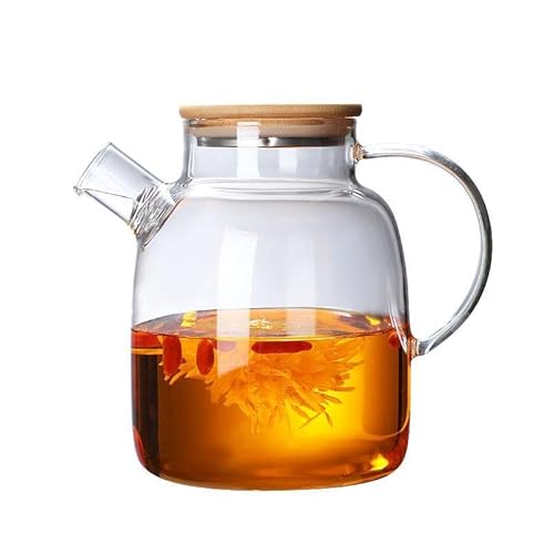ピッチャー ガラスティーポット 直火 ポット ティーポット 耐熱ガラス 直火電気ケトル対応 ホウケイ酸ガラス ピッチャー ステンレス茶こし一体型蓋 麦茶 アイスティー 花茶 紅茶 コーヒー 家庭用 (木の蓋です,1.8L)