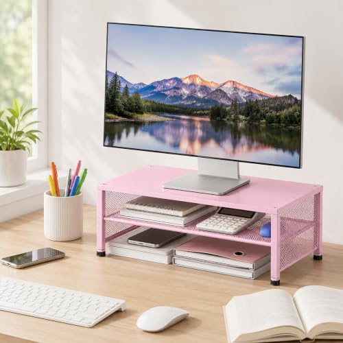 Image of OPNICE 2-Tier Computer Monitor Stand Riser, Laptop Stand for Desk, Desk Organizer for Office, Home and School Supplies, Pink