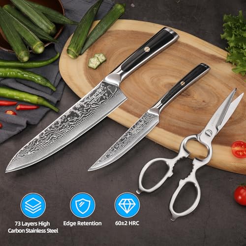 Image of Sunnecko Kitchen Knife Set of 3, Chef Knife Set Damascus Steel Knives Set for Kitchen Sharp VG10 Corn, Full Tang with Gift Box