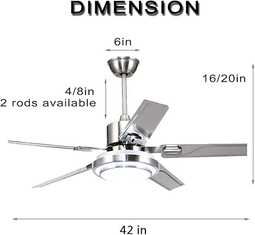 Miniatura 7 de MORE CHANGE Ventilador de techo de acero inoxidable de níquel cepillado de 42 pulgadas, silencioso, reversible, con 5 aspas de acero inoxidable, luz