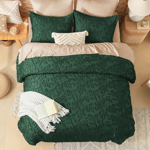 Image of Litanika Queen Size Comforter Set Emerald Green, 3 Piece Dark Green Boho Tufted Bedding, Forest Green Fluffy Farmhouse Bed Set for All Season with 2 Leaf Pattern Pillowcases(90x90In)