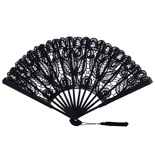 Abanico de encaje de algodón plegable de mano bordado para novia con escaleras de bambú para decoración de boda, baile, fiesta, verano, negro