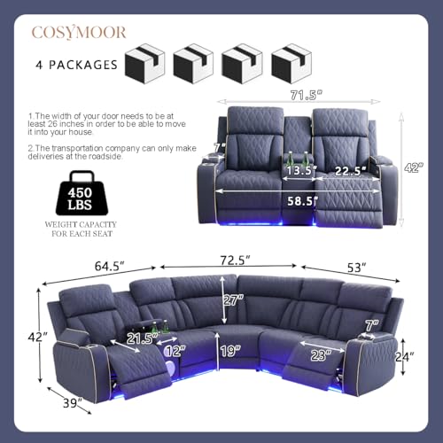Image of Leather Power Recliner Sectional Sofa Set with LED, Sanded Leather Reclining Corner Couch & Loveseat, L-Shaped Recliner Sofa Power Loveseat with Bass Speakers for Living Room