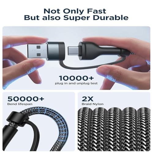 Image of Sevenaire 4in1 Nylon Braided Multifunction Smart Charging Cable Compatible with Type C, Micro USB and iPhone Devices.