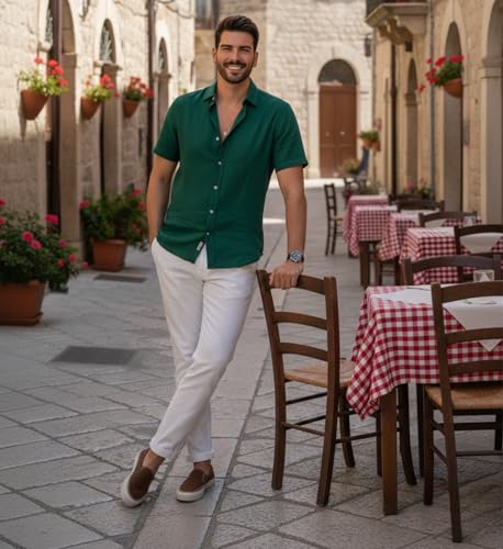 Image of Glowic Men Linen Shirt Casual Regular Fit Solid Stylish Summer Wear Shirt for Office Party Beach Holiday Lightweight Breathable Fashion Shirt