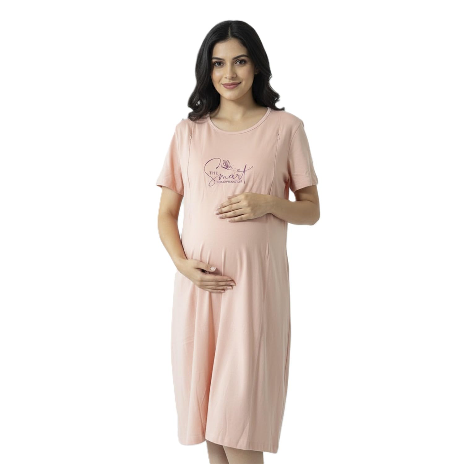 Women's Maternity Feeding T-Shirt Dress | Hidden Nursing Zip | Soft Cotton Blend | 4-Way Stretch Fabric | Half Sleeve | Regular Fit-image-40