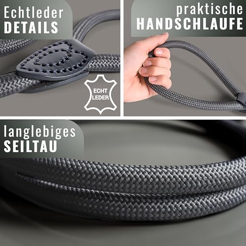 Retrieverleine 150 cm für große & kleine Hunde – Halsband mit integrierter Leine – Slip Leash & Trainingsleine Hund – Führungsleine für Labrador & Retriever - Ruckdämpfer (Anthrazit, bis 5 Kg)