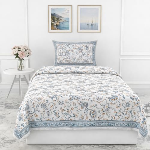 Image of elanorhomes 100% Cotton 240 TC Single Bedsheet for Single Bed, 60 x 90 inch Cotton Bed Sheet with 1 Pillow Cover, Soft Breathable Floral Printed Bedsheet for Bedroom (Blue Floral Feast)