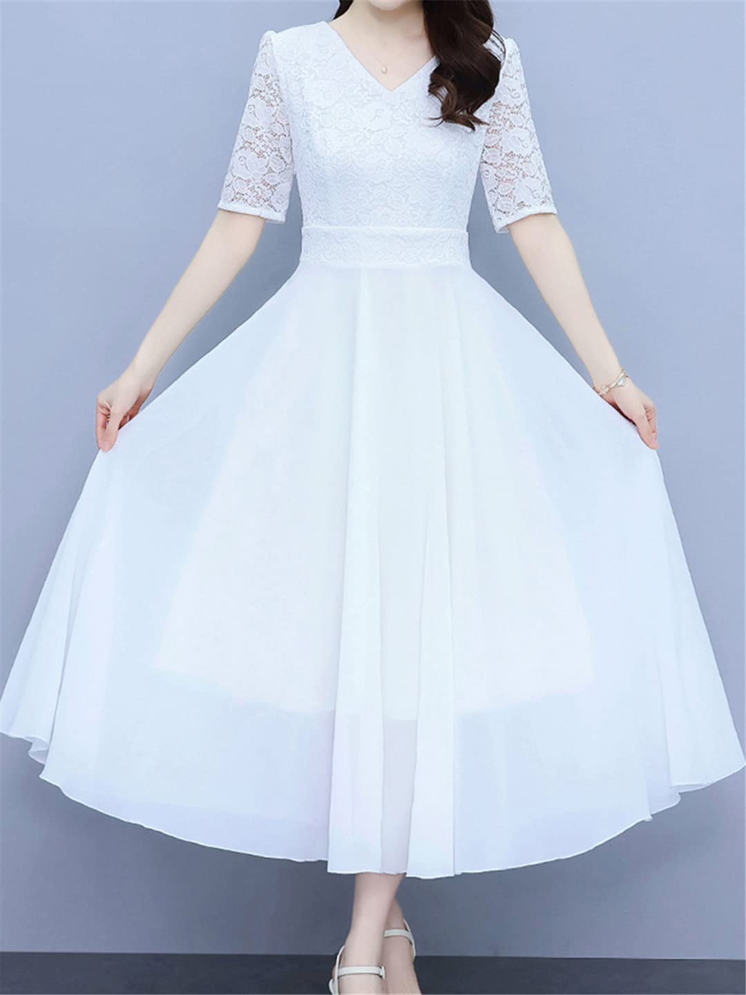 Abito estivo da donna, in pizzo, da spiaggia, lungo, floreale, in chiffon, elegante, casual, da sera, alla moda