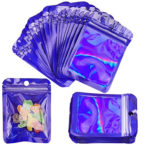 Bolsas de lámina de mylar,100 unids Resellable Food Bolsas de almacenamiento de alimentos Bolsas de envasado holográfico Bolsas de lámina plana de café Galletas al aire libre Joyería (7.5x10cm, Blue)