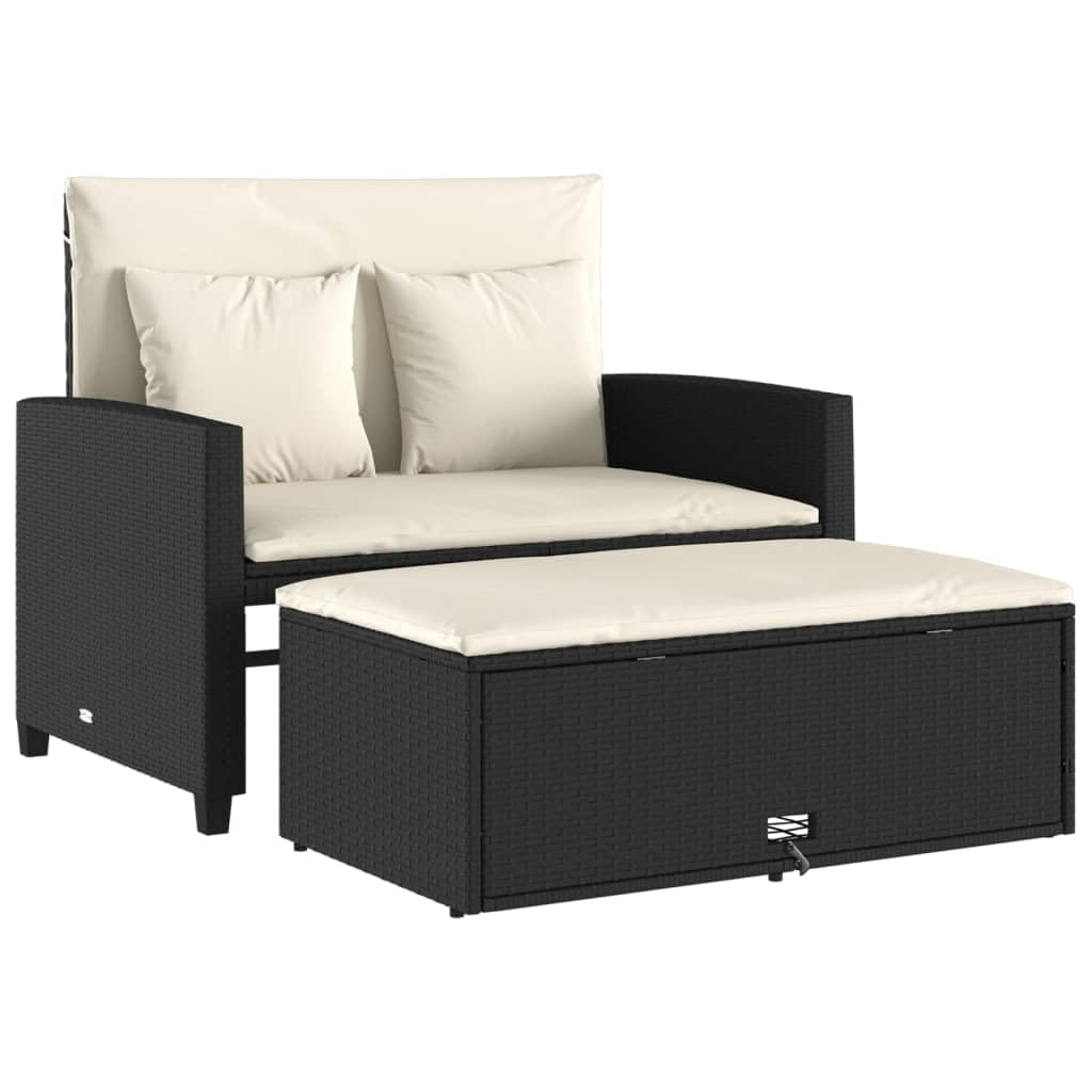 Divano da Giardino 2 Posti con Cuscini, in Polyrattan Nero e Acciaio, Design Convertibile, Set Giardino Esterno, Salotto da Giardino, per Terrazzo e Giardino, Colore Nero, 115 x 75 x 91 cm