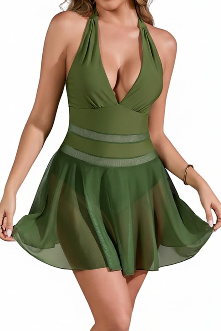 VECENEY Womens One Piece Swim Dress Swimsuit Tummy Control Bathing Suit Halter Mesh Sheer Swimwear