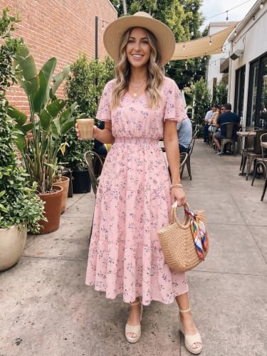 Image of Bridesmay Women's Summer Floral Midi Dress V Neck Short Sleeve A-Line Casual Beach Vacation Dresses Flowy