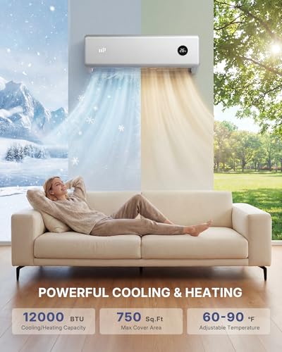Image of Upstreman 12000 BTU Mini Split AC /Heating System, 115V Silver Mini Split Air Conditioner, 20 SEER2 Ductless Split AC, Energy Efficient Inverter, WiFi Control, with Mounting Bracket, Up to 750 Sq.Ft