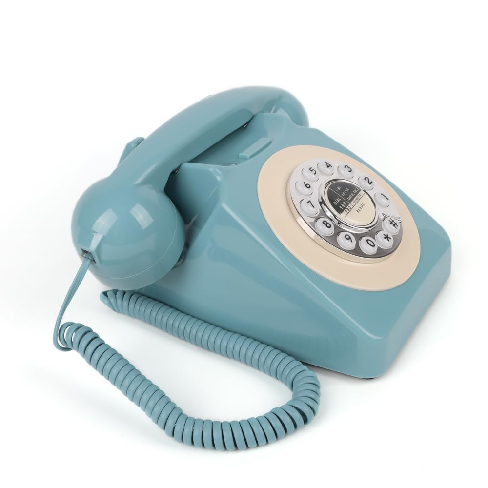 Retro Drehtelefon mit Drucktaste, Festnetztelefon mit Wahlwiederholungstaste, klassisches Vintage-Wähltelefon, antikes schnurgebundenes Telefon für Zuhause und Büro (Blau)