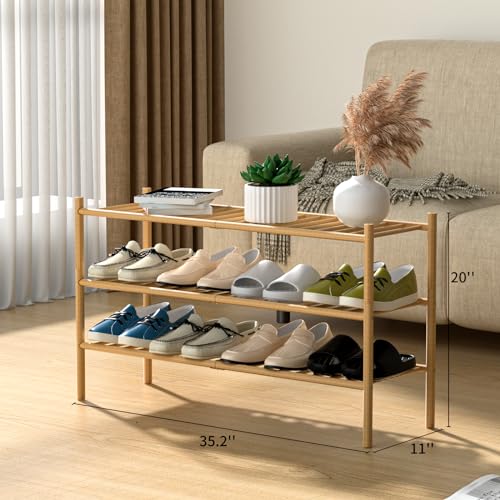 3-Tier Bamboo Long Shoe Rack, Free Standing Wood Shoe Shelf Storage Organizer for Closet Entryway Stackable 35"x11"x20" (Natural)