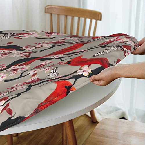 Famame Red Birds Cherry Flowers Fitted Round Tablecloth Waterproof Table Cloth With Elastic Edge Wipe Clean Table Covers For Indoor Outdoor Fits 45"-50", Medium #TOP4