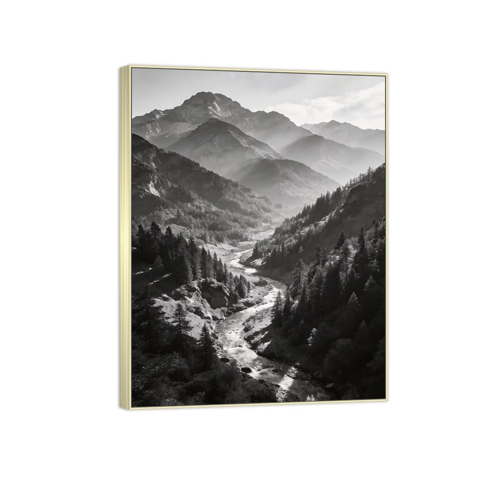 Forest River Black White Landscape Canvas Picture 90x117cm Silver Frame