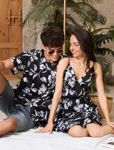 Image of PATPAT Couples Matching Outfits Hawaiian Women Dresses & Men Shirts | Matching Cruise Outfits for Couples, Beach Vacation Outfits, Spaghetti Strap Midi Sundress, Men Boho Tropical Print Shirt