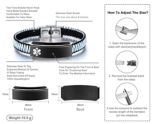 Just Meet You Medical Alert Bracelets For Women Personalized | Customizable Medical Id Bracelet For Men Girls & Boys | Blue&Black Nylon Rope Handmade Braided Bracelets, Adjustable #TOP1