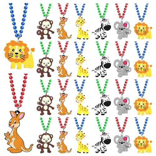 KeeStar 24 Pack Wild Animal Necklace Party Favors for Safari Animal Themed Baby Shower, Birthday Party Goodie Bag Fillers, School Carnival Rewards, Photography Props, Home Decorations, Classroom Prize